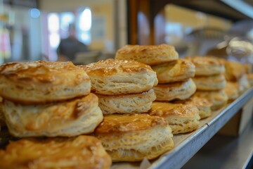 Sticker - Freshly baked puff pastry waiting on a metal shelf to be served at a local bakery