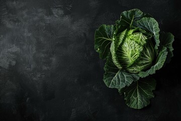 Sticker - Fresh green cabbage is lying on dark grunge table background, top view with copy space