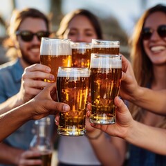 Wall Mural - Group of friends clinking glasses with beer on a sunny day.