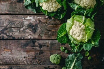 Wall Mural - Fresh cauliflowers lying on a rustic wooden table