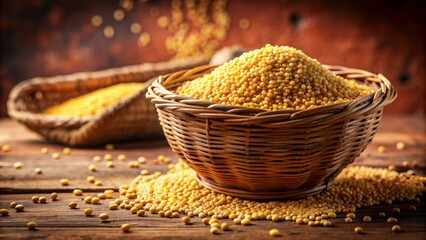 Wall Mural - Golden millet grains overflowing from a rustic wicker basket on a weathered wooden table amidst a warm, earthy-toned background.