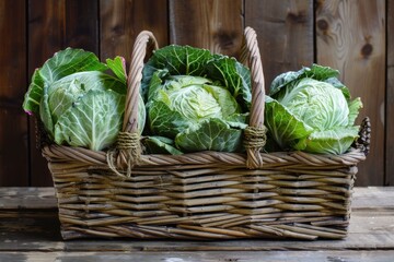 Sticker - Rustic wicker basket overflowing with freshly harvested green cabbages sits on a wooden table against a wooden background