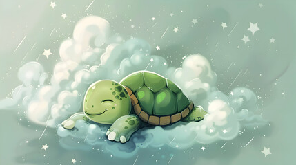 cute cartoon illustration of a turtle sleeping on a cloud with stars