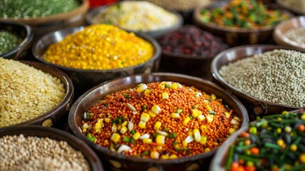 Poster - A colorful array of wild grainbased dishes including a savory quinoa pilaf and a sweet corn and wild rice pudding.