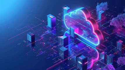 Isometric big data neon light cloud computing futuristic technology
