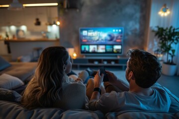 A stylish living room setting with a young couple sitting on a contemporary sofa, each holding a sleek, modern remote control. The television screen displays a popular streaming service interface,