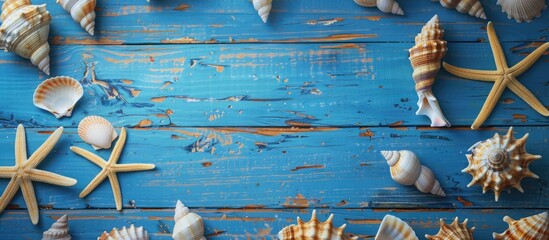 Wall Mural - Seashells on a blue wooden surface with space for text. Idea of a summer holiday.