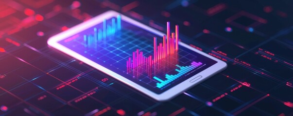 Poster - A digital tablet displaying colorful 3D graphs and charts, representing financial data analysis and technology advancements.