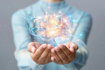 Aufkleber - Person holding a digital brain hologram, symbolizing artificial intelligence, innovation, and technology in a futuristic concept.