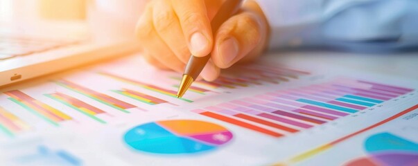 Poster - Person analyzing financial charts with a pen, showing data, graphs, and a laptop in the background. Concept of business analysis and growth.