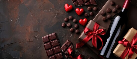 Wall Mural - Valentine's Day gift box featuring wine and chocolate, captured from above with space for text, seen from a horizontal view