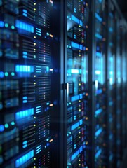 Fototapete - Modern data center with rows of network servers and blue LED lights, highlighting cloud computing and information technology infrastructure.