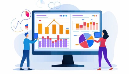 Poster - Illustration of two people analyzing data and charts on a large screen, showcasing business analytics and data visualization.