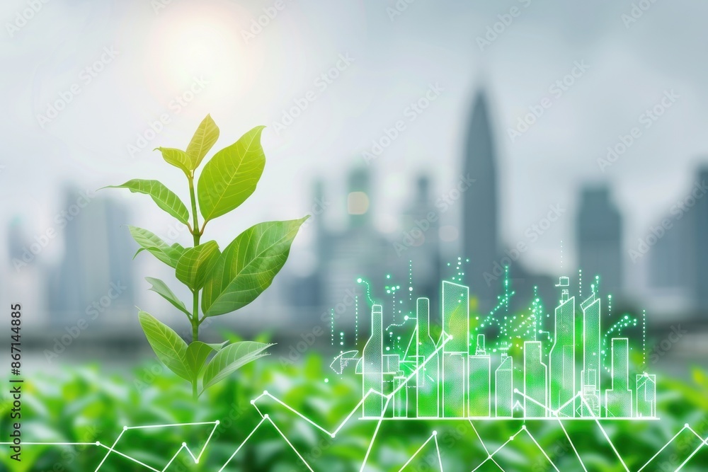 Green sprout with cityscape background and digital graphs illustrating ...