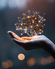 Aufkleber - Hand holding a glowing network of connections, symbolizing technology, innovation, and futuristic digital communication in a blurred background.