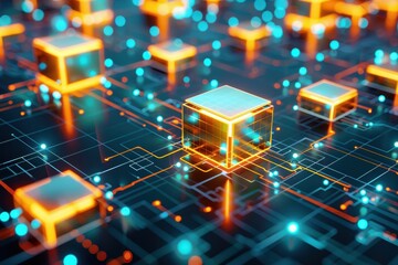 Aufkleber - Futuristic digital blockchain technology concept with glowing cube-shaped data blocks connected in a network over a circuit board.