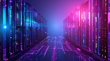 Leinwandbilder - Futuristic data center with glowing server racks and vibrant lighting in blue and pink hues, symbolizing technology and connectivity.