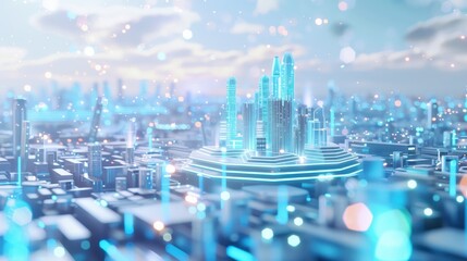 Fototapete - Futuristic cityscape with glowing skyscrapers and blue neon lights, showcasing a modern urban environment with advanced technology.