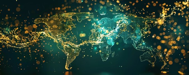 Leinwandbilder - Digital world map made of golden light points on a dark background, depicting global connections and modern technology.