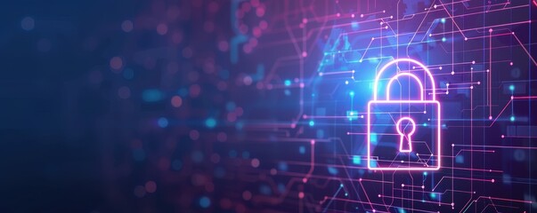 Poster - Digital security lock icon on a futuristic technology background, representing information protection and cybersecurity in the digital age.