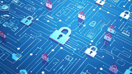Poster - Digital security concept with padlocks and circuit lines representing data protection and cybersecurity in a blue abstract background.