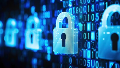 Digital security concept with padlocks and binary codes representing data protection and cybersecurity measures for keeping information safe.