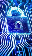 Poster - Digital lock icon on a blue circuit board background representing cybersecurity and data protection technology.