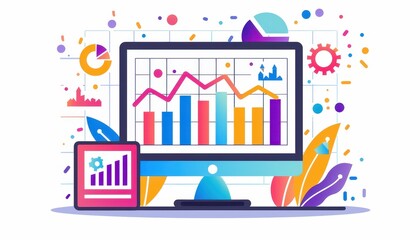 Leinwandbilder - Colorful data analysis on a computer screen and tablet, illustrating charts and graphs for business and finance insights.