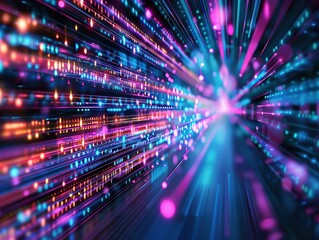 Poster - Colorful abstract light beams and particles creating a vibrant digital space on a dark background. Perfect for technology-themed designs.