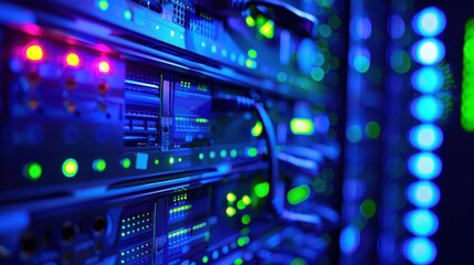 Aufkleber - Close-up view of data center servers with glowing lights in a dark room, showcasing advanced technology and modern networking infrastructure.