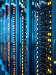 Aufkleber - Close-up view of a modern data center with bright lights and rows of servers, showcasing data storage and technology infrastructure.