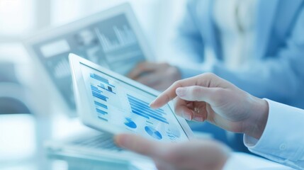 Poster - Business professionals analyzing data on digital tablet and laptop, discussing charts and statistics in a modern office setting.