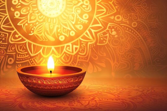 A decorative Diwali lamp against glittering background