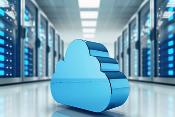 Fototapete - Blue cloud storage icon in a modern data center, representing cloud computing, data management, and digital infrastructure.