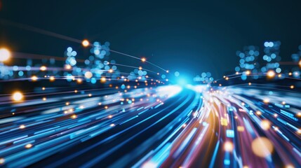 Fototapete - Abstract light trails speeding through a futuristic digital background, showcasing technology, data transfer, and fast connectivity in a vibrant display.
