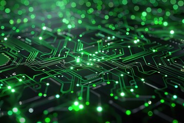Leinwandbilder - Abstract green and black circuit board with glowing lights, representing technology, connection, and digital data.