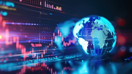 Abstract digital world map with financial data chart, showcasing global economy and technology.