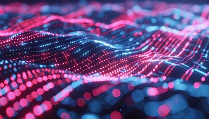 Poster - Abstract digital wave with glowing neon red and blue lights, representing futuristic technology and data concepts.