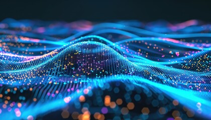 Fototapete - Abstract digital wave of glowing particles. Futuristic blue and orange light dots create a dynamic visual effect.