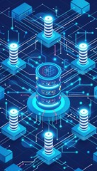 Leinwandbilder - Abstract digital illustration of server and data nodes with glowing lines representing network connectivity and data exchange.