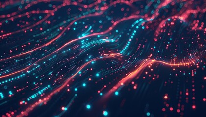 Fototapete - Abstract digital data wave background with glowing neon lights. High-tech futuristic cyber concept in blue and pink colors.