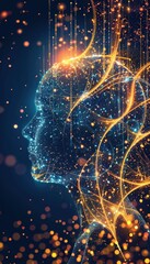 Fototapete - Abstract digital human head with glowing lines and particles representing AI, technology, and neural network connections.