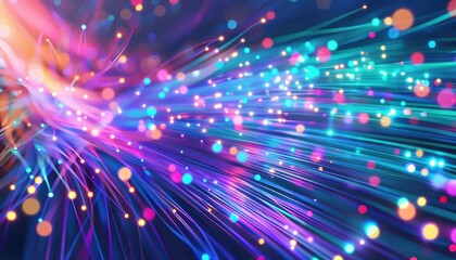 Fototapete - A vibrant abstract image showcasing colorful fiber optic lights and bokeh, symbolizing technology, data, and futuristic concepts.