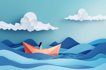 Wall Mural - Minimalist illustration of a person floating on a paper boat