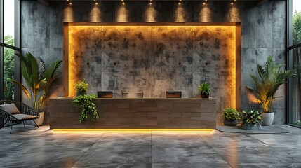 Wall Mural - An office reception area with a modern wooden desk against a concrete wall, with soft lighting, 