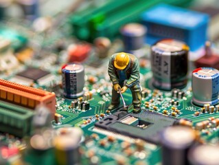 Poster - Closeup miniature technician working on a computer motherboard