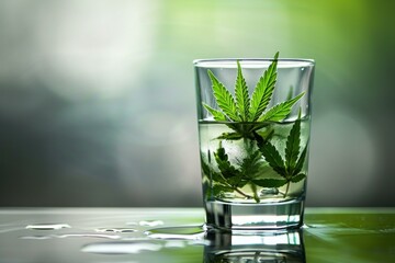 Poster - Cannabis leaves are infusing in a glass of water with ice cubes on a table