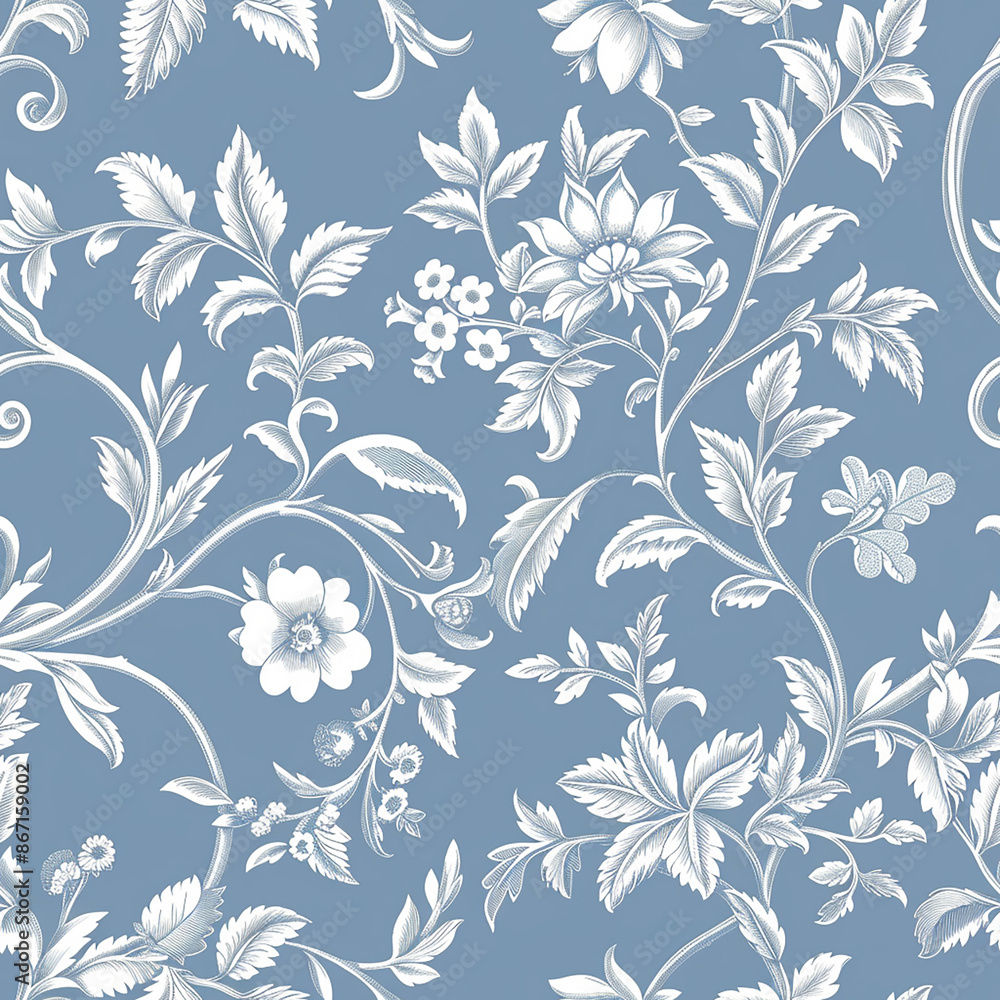 A seamless pattern with intricate floral designs in white on a soft ...