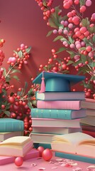 Wall Mural - Graduation scroll and mortarboard on a stack of books. Scan from a stock photo.