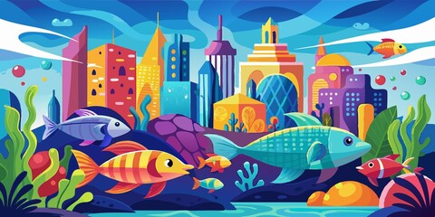 Wall Mural - aquatic scene, colorful, vibrant, colorful and vibrant aquatic scene, filled with fish and other marine life, against city backdrop.